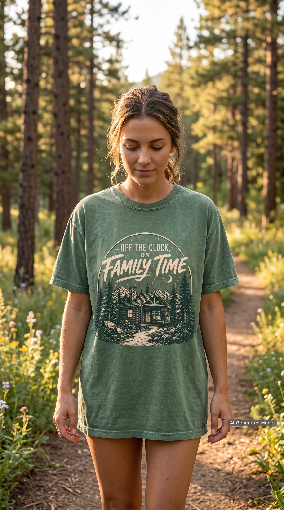 Off the Clock on Family Time Cabin Weekend Shirt – close-up product photo