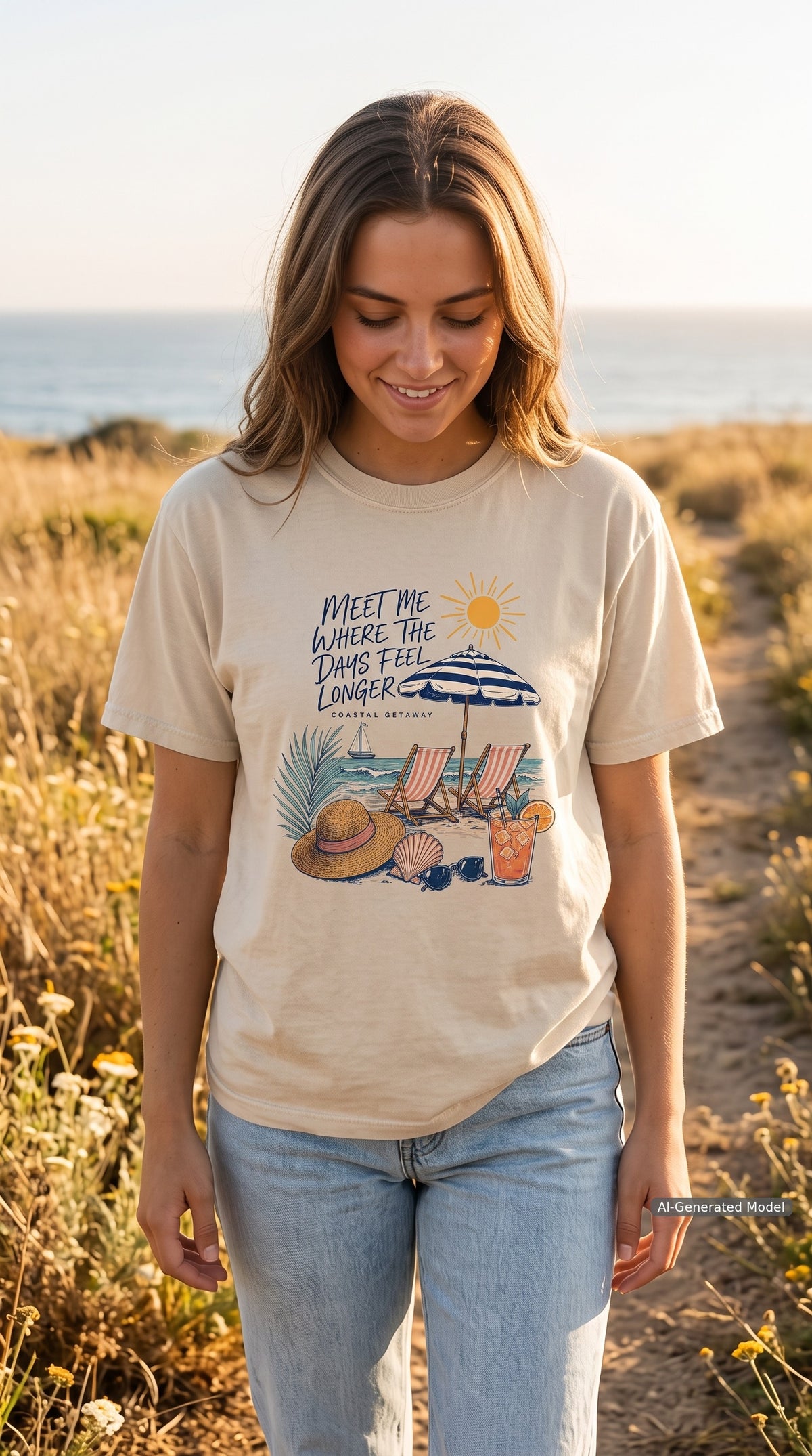 Meet Me Where the Days Feel Longer Beach Vacation Shirt – close-up product photo