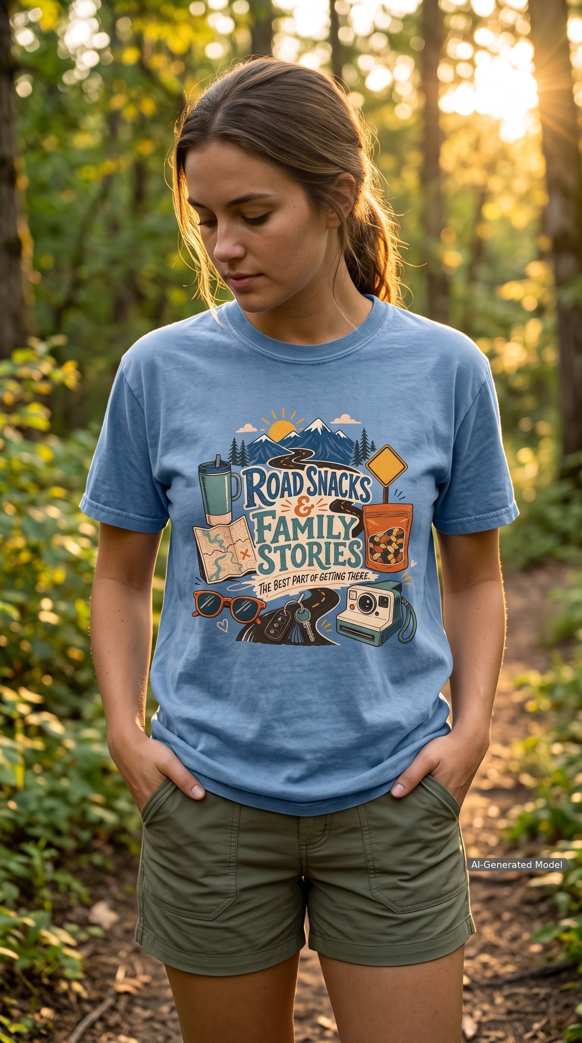 Road Snacks and Family Stories Road Trip Shirt – close-up product photo