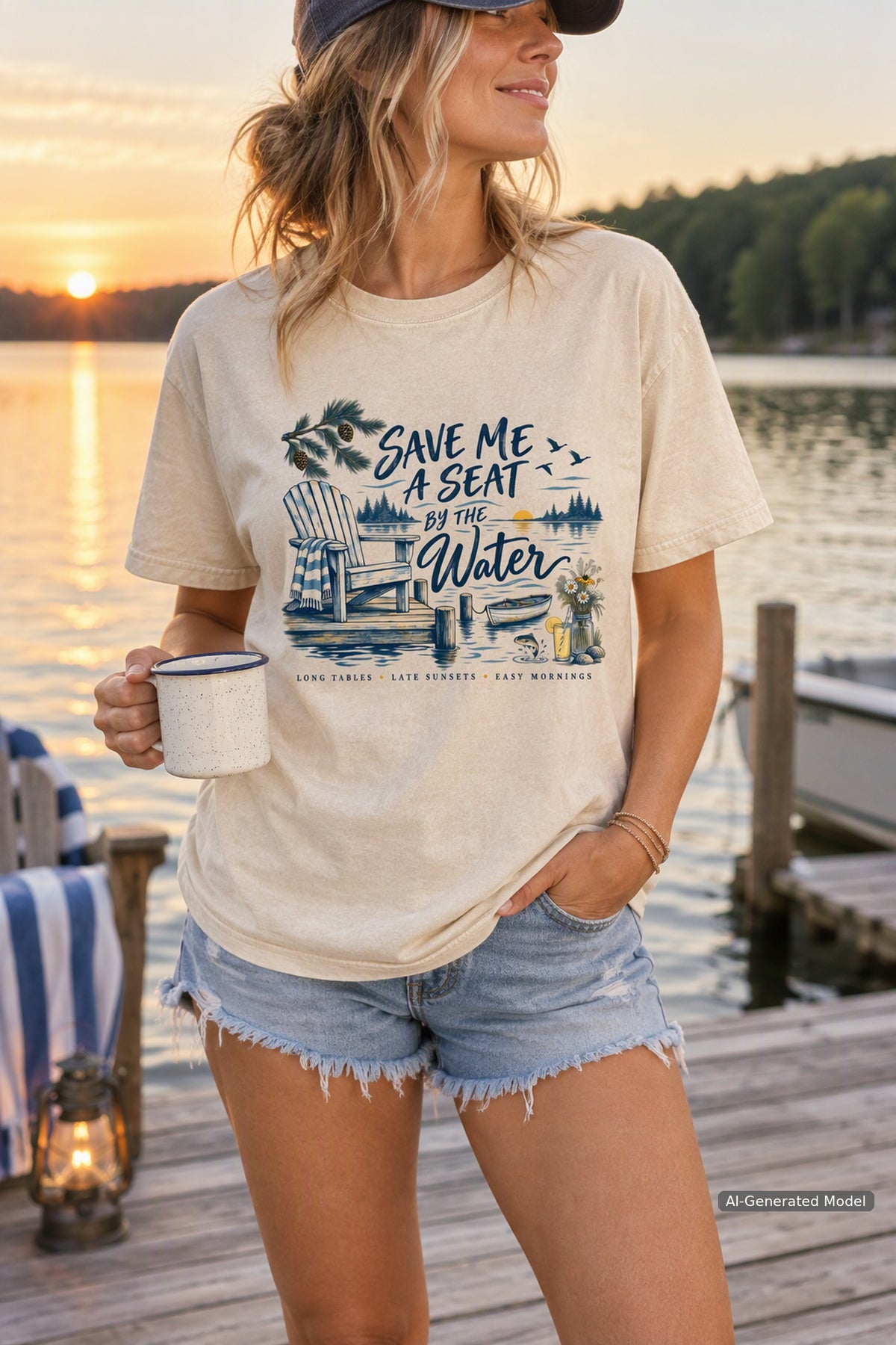 Save Me a Seat by the Water Lake Vacation Shirt – close-up product photo