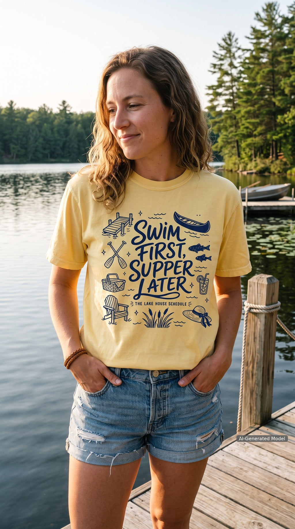 Swim First Supper Later Lake Vacation Shirt – close-up product photo