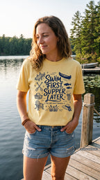 Swim First Supper Later Lake Vacation Shirt – close-up product photo