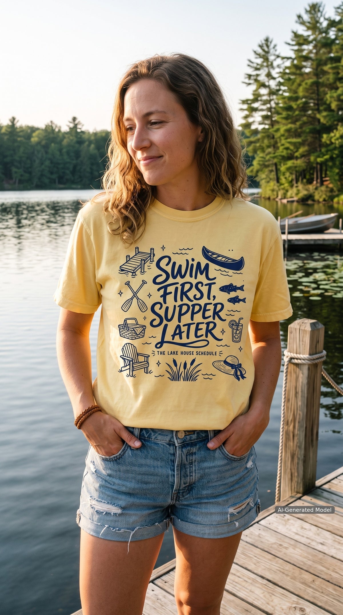 Swim First Supper Later Lake Vacation Shirt – close-up product photo