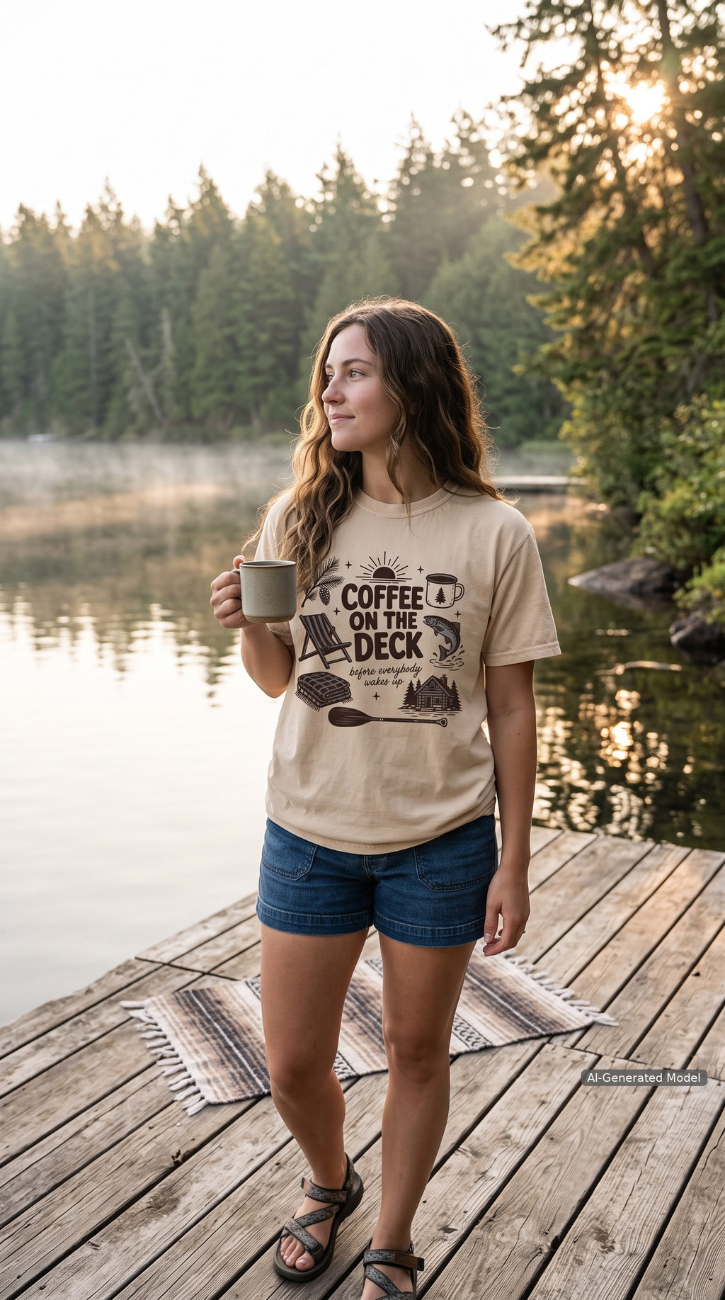 Coffee on the Deck Lake Vacation Shirt – close-up product photo