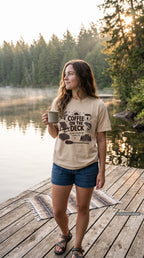Coffee on the Deck Lake Vacation Shirt – close-up product photo