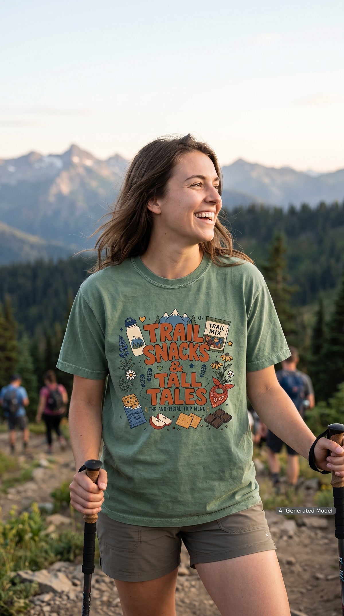 Trail Snacks and Tall Tales Mountain Adventure Shirt – close-up product photo