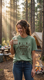 Campfire Nights and Morning Coffee Camping Shirt – close-up product photo