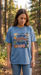 Our Family Runs on Reservations and Road Snacks Road Trip Shirt – close-up product photo