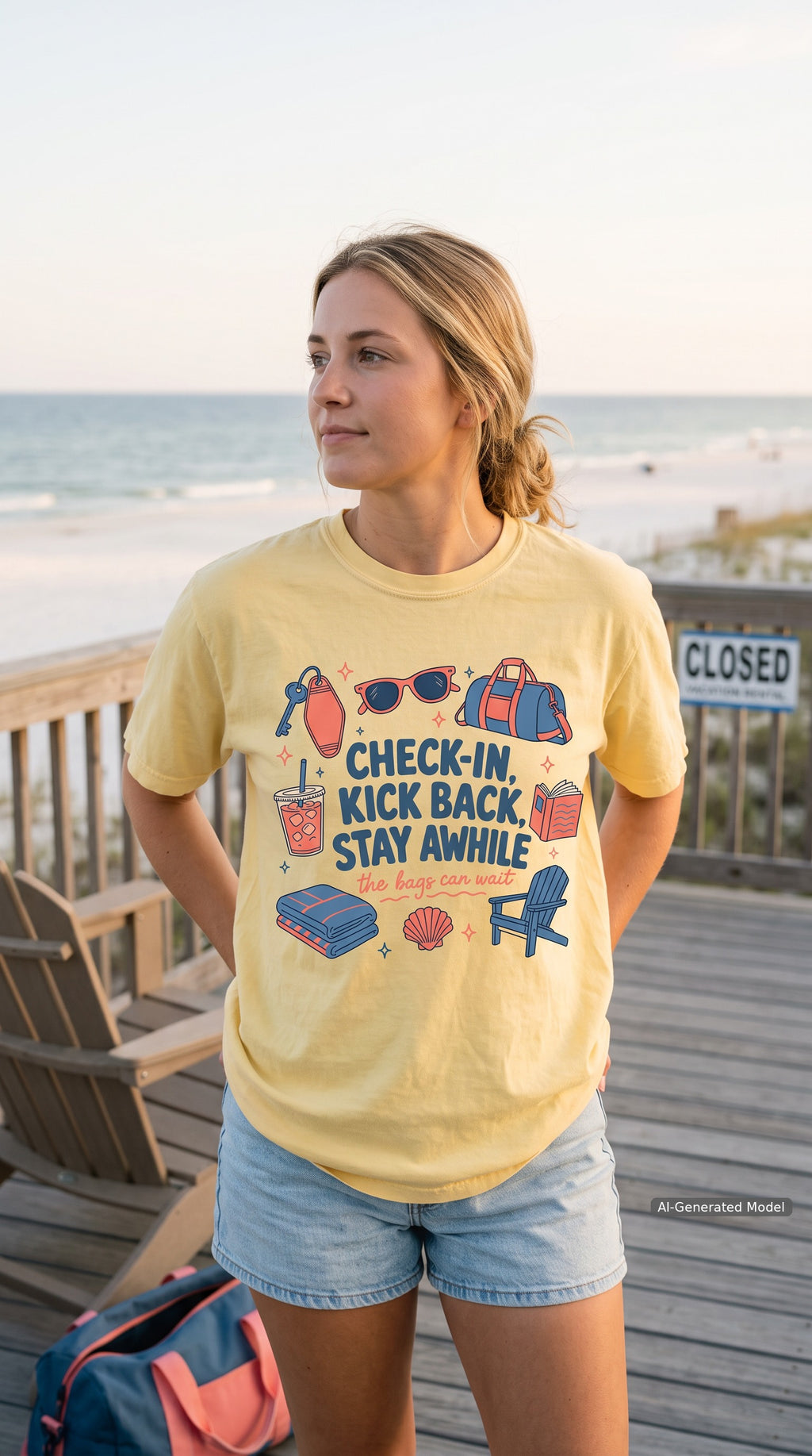 Check-In Kick Back Stay Awhile Family Getaway Shirt – close-up product photo