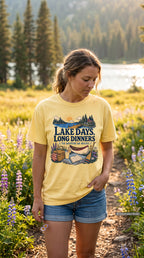 Lake Days Long Dinners Lake Vacation Shirt – close-up product photo