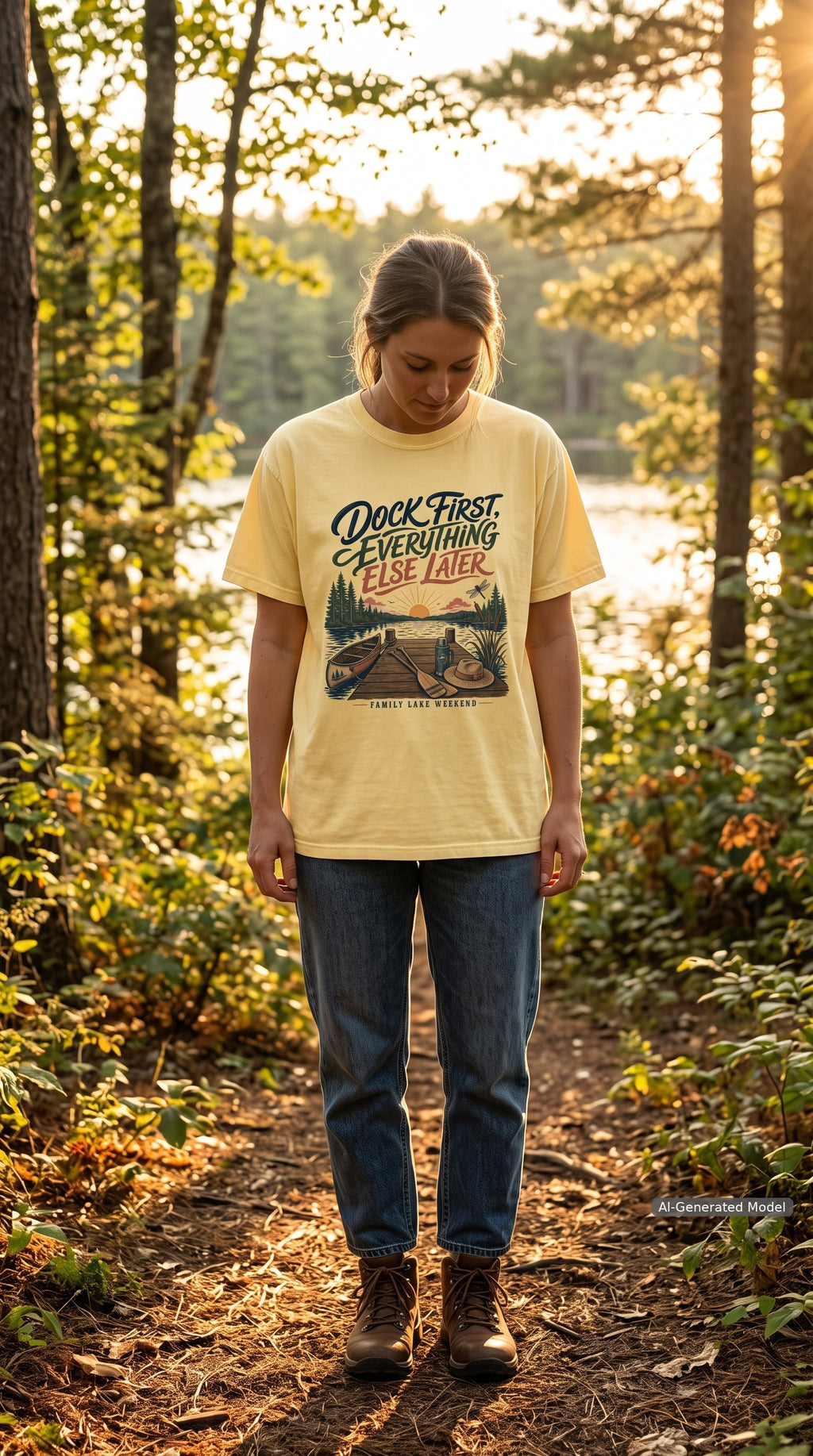 Dock First Everything Else Later Lake Vacation Shirt – close-up product photo