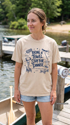 Bring a Towel Stay for Dinner Lake Vacation Shirt – close-up product photo