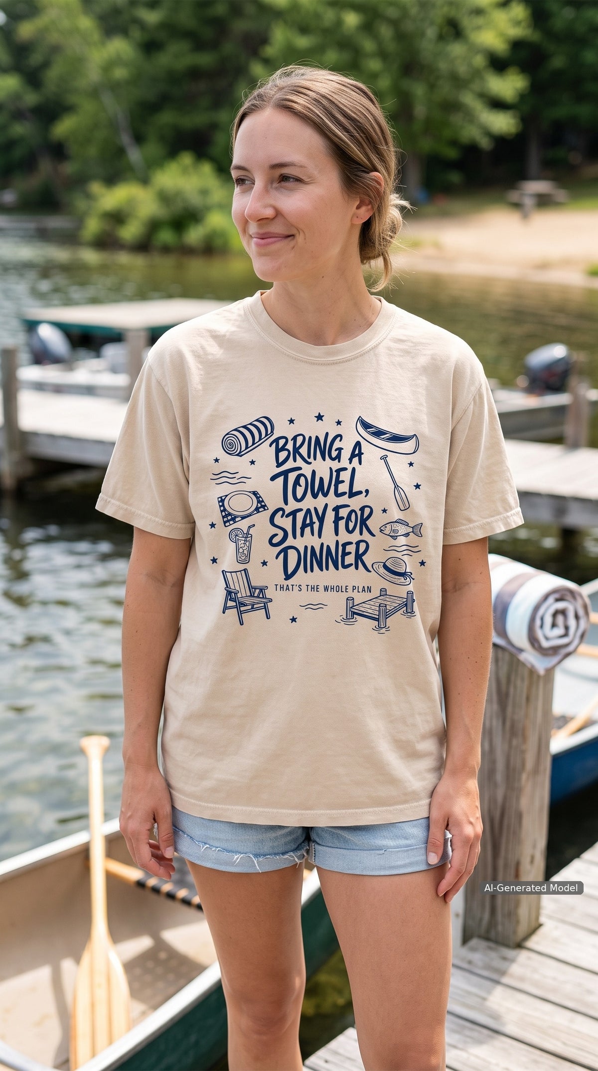 Bring a Towel Stay for Dinner Lake Vacation Shirt – close-up product photo