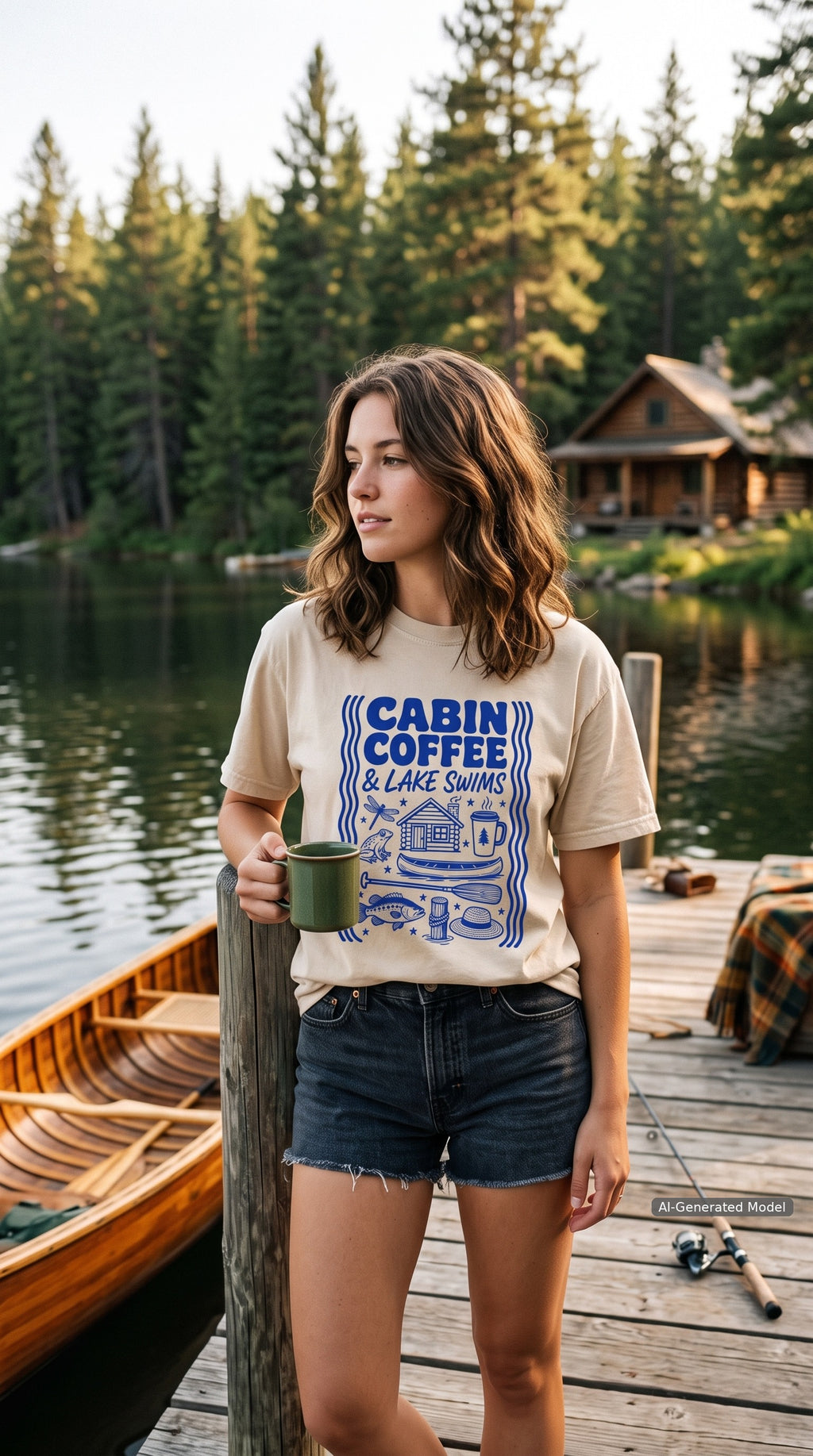 Cabin Coffee and Lake Swims Lake Vacation Shirt – close-up product photo
