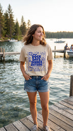 Dock Days Dinner Outside Lake Vacation Shirt – close-up product photo