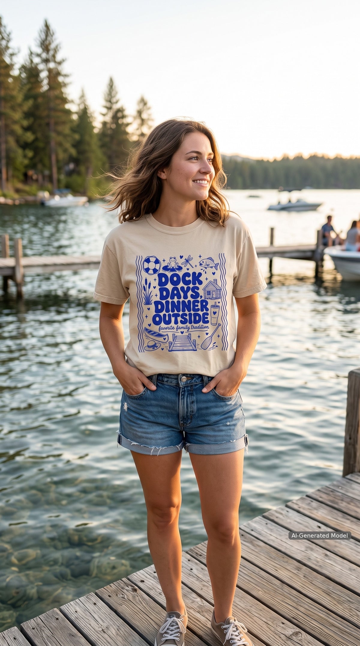 Dock Days Dinner Outside Lake Vacation Shirt – close-up product photo