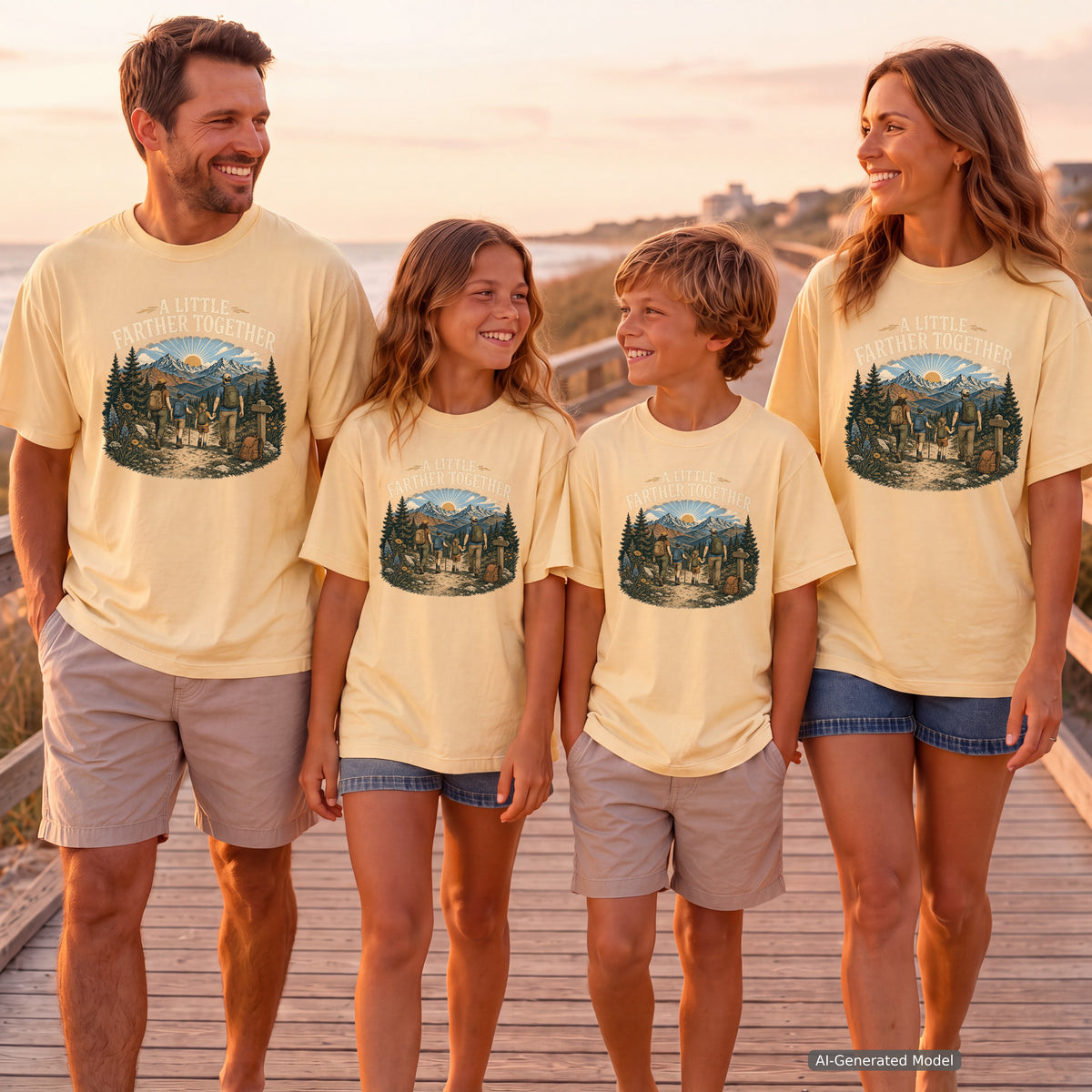 A Little Farther Together Hiking Family Shirt in Butter – worn on a family trip (AI-generated model photo)