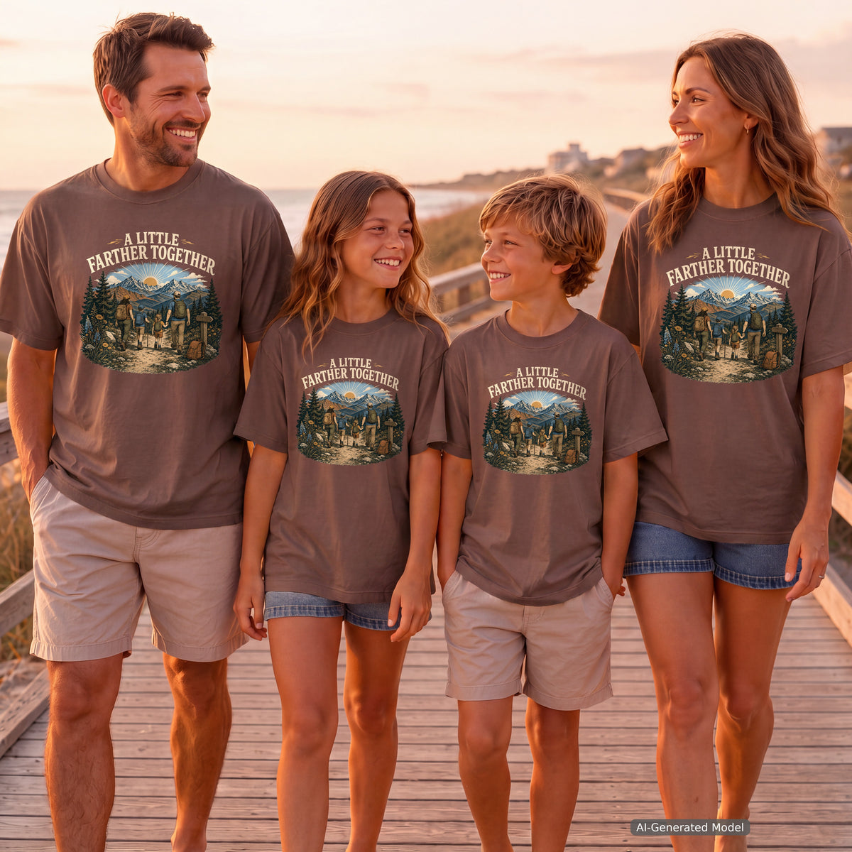 A Little Farther Together Hiking Family Shirt in Espresso – worn on a family trip (AI-generated model photo)