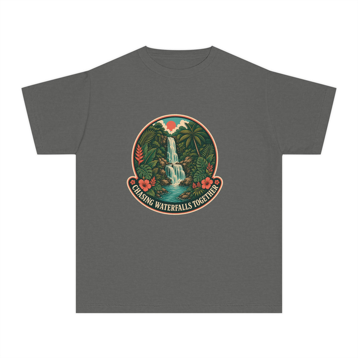 Chasing Waterfalls Together Youth Tee – Kids' Comfort Colors Adventure Shirt in Pepper – flat lay