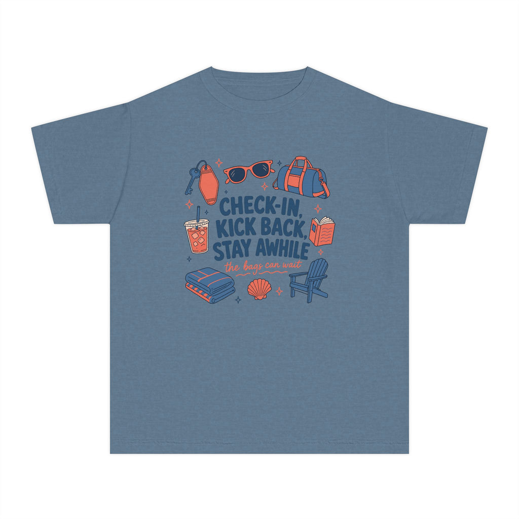 Check-In Kick Back Stay Awhile Youth Tee – Kids' Comfort Colors Family Getaway Shirt in Blue Jean – flat lay