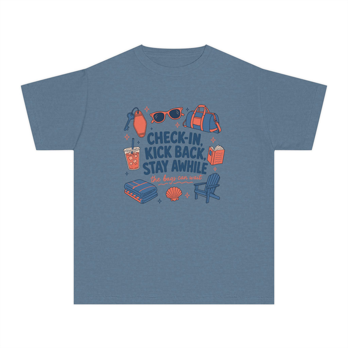 Check-In Kick Back Stay Awhile Youth Tee – Kids' Comfort Colors Family Getaway Shirt in Blue Jean – flat lay