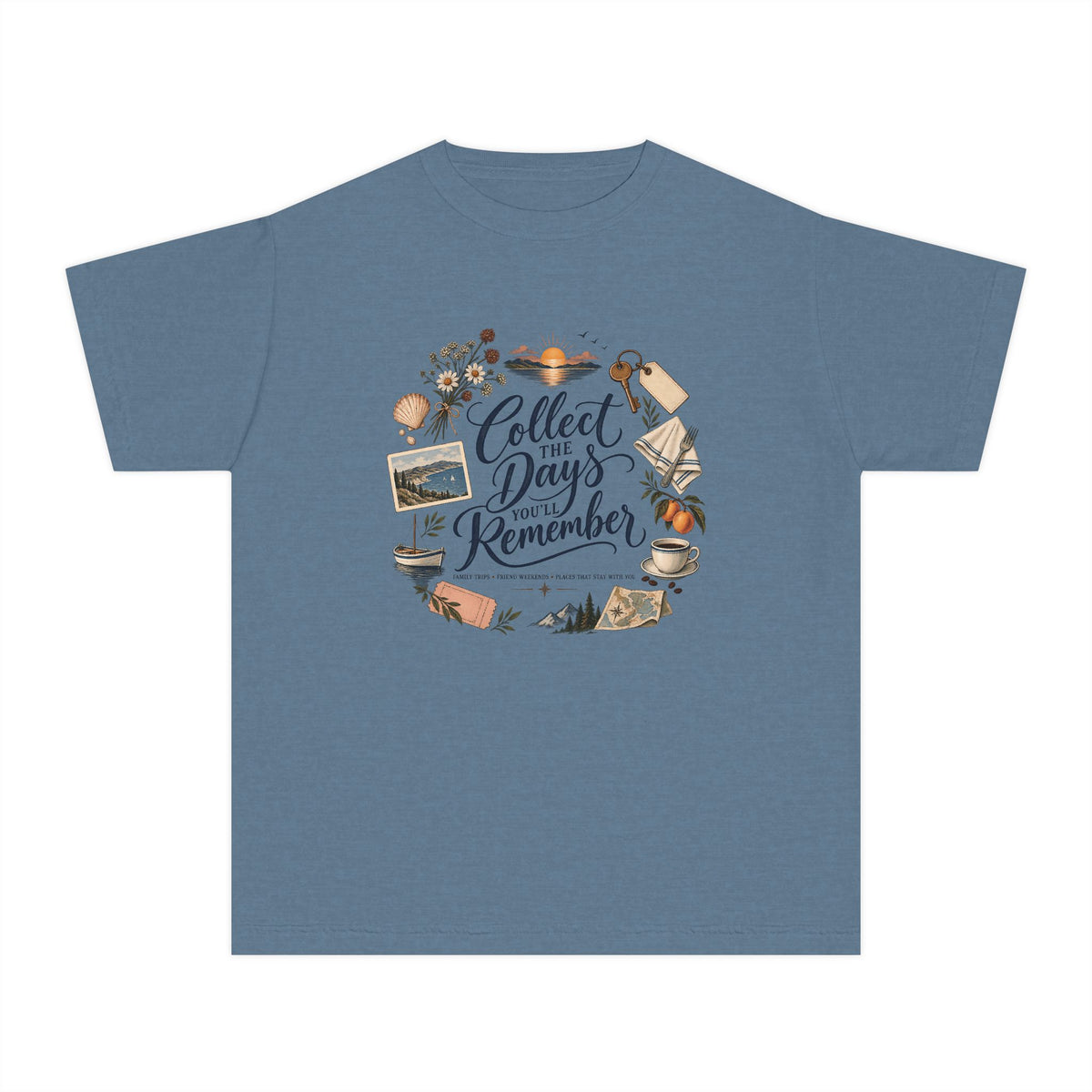 Collect the Days You'll Remember Youth Tee – Kids' Comfort Colors Family Travel Shirt in Blue Jean – flat lay