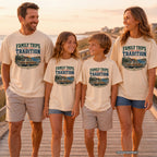 Family Trips Are Our Tradition Vacation Shirt in Ivory – worn on a family trip (AI-generated model photo)