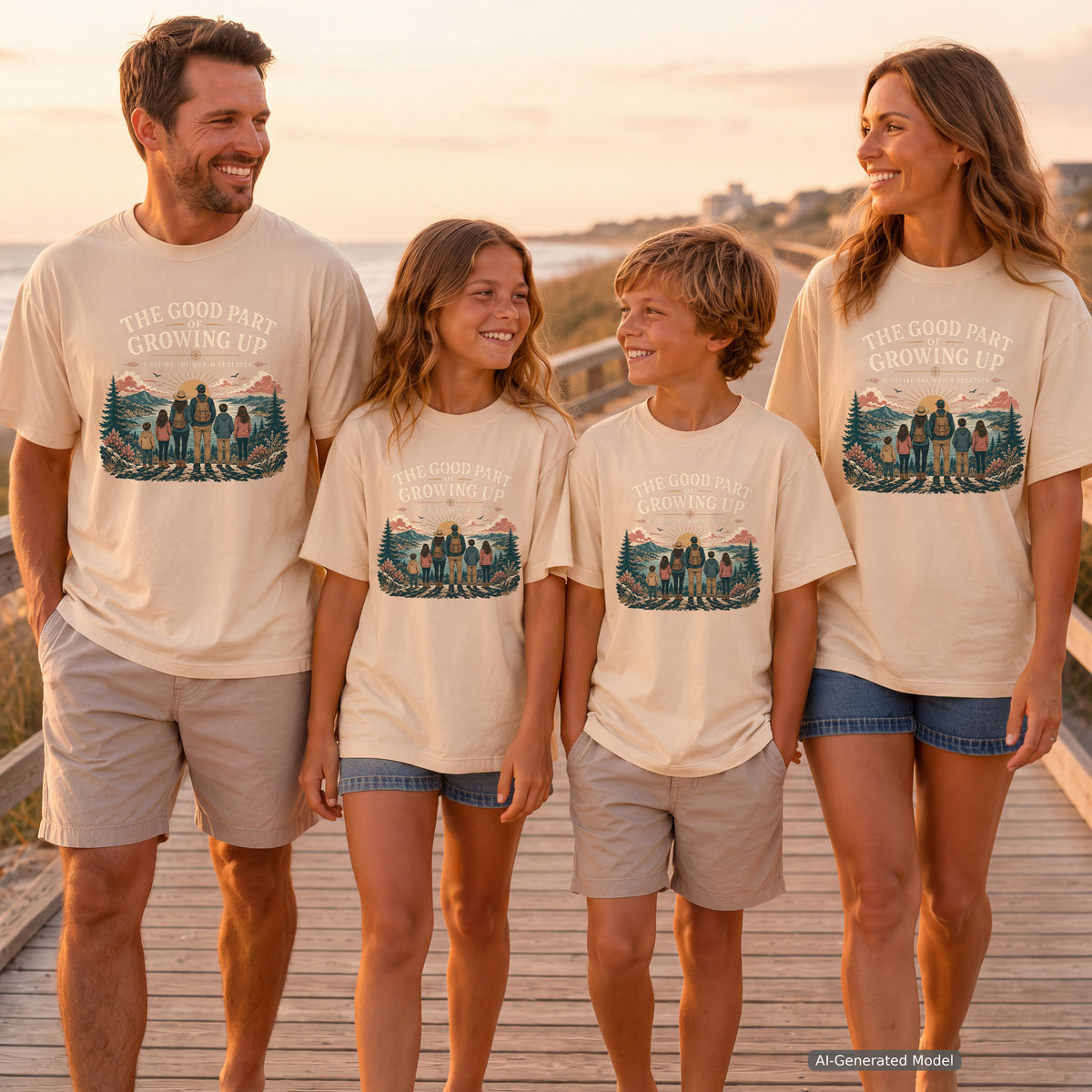 The Good Part of Growing Up Family Travel Shirt in Ivory – worn on a family trip (AI-generated model photo)