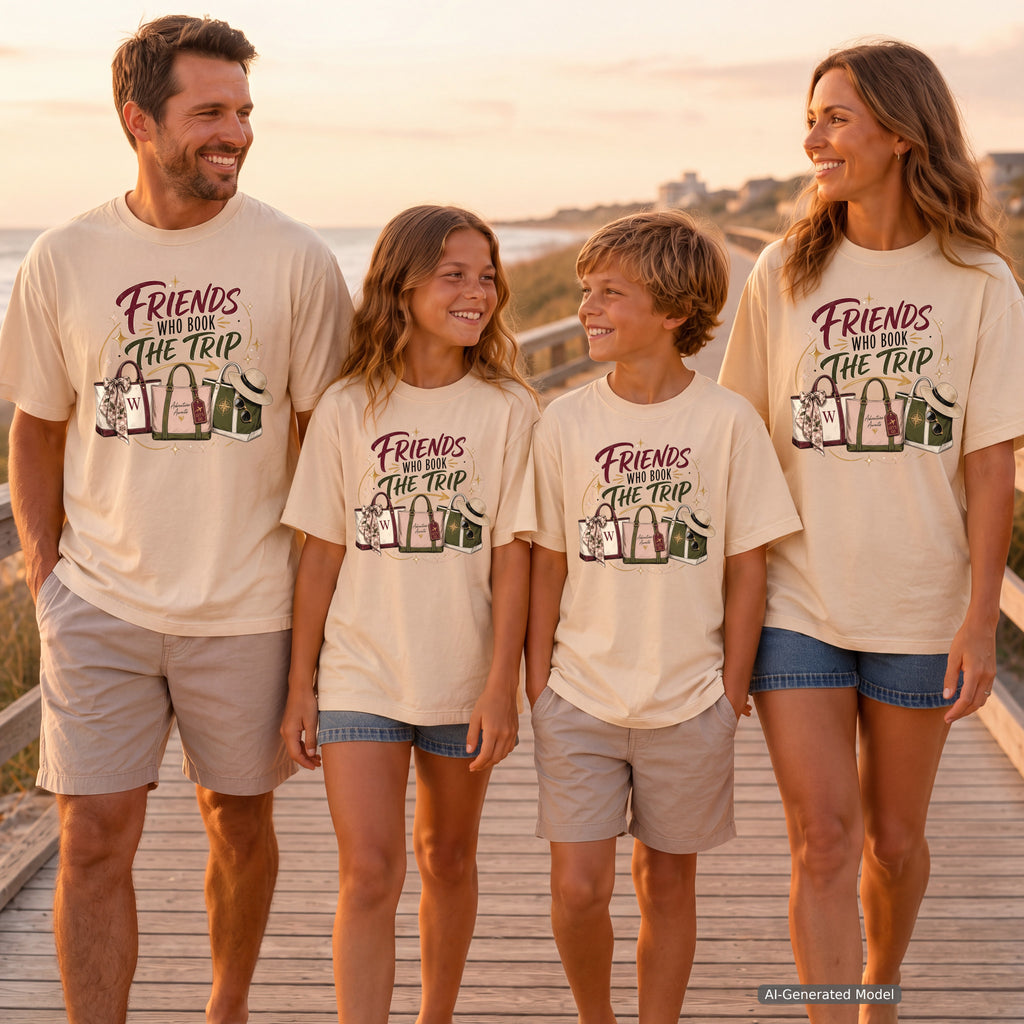 Friends Who Book the Trip Girls Getaway Shirt in Ivory – worn on a family trip (AI-generated model photo)