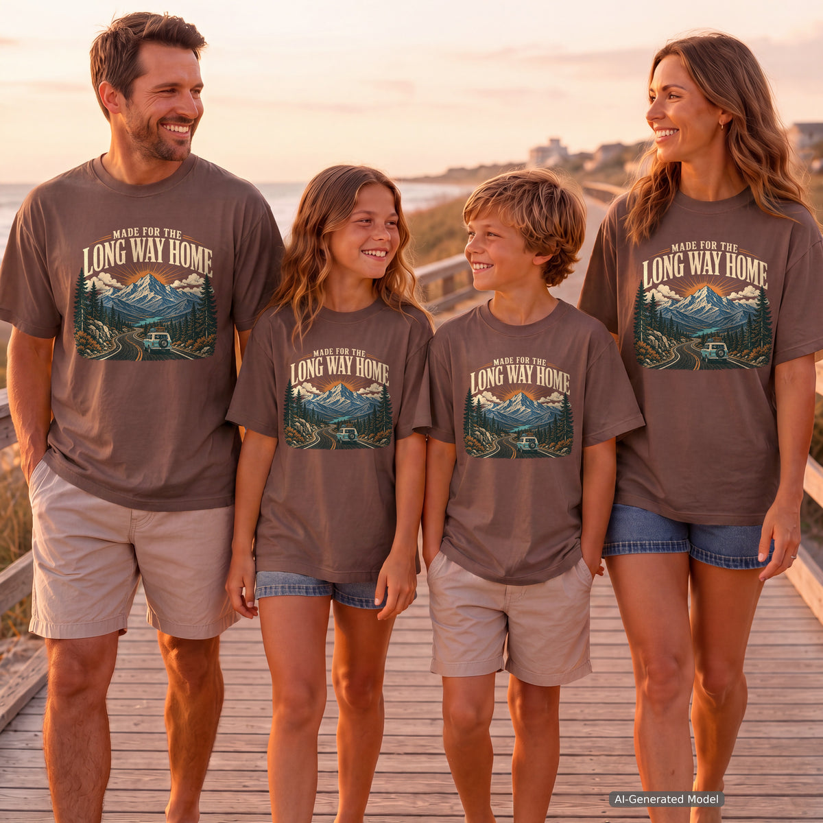 Made for the Long Way Home Scenic Road Trip Shirt in Espresso – worn on a family trip (AI-generated model photo)