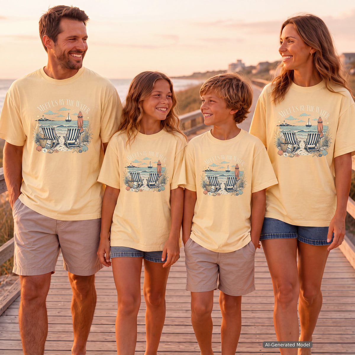 Meet Us By The Water Coastal Vacation Shirt in Butter – worn on a family trip (AI-generated model photo)