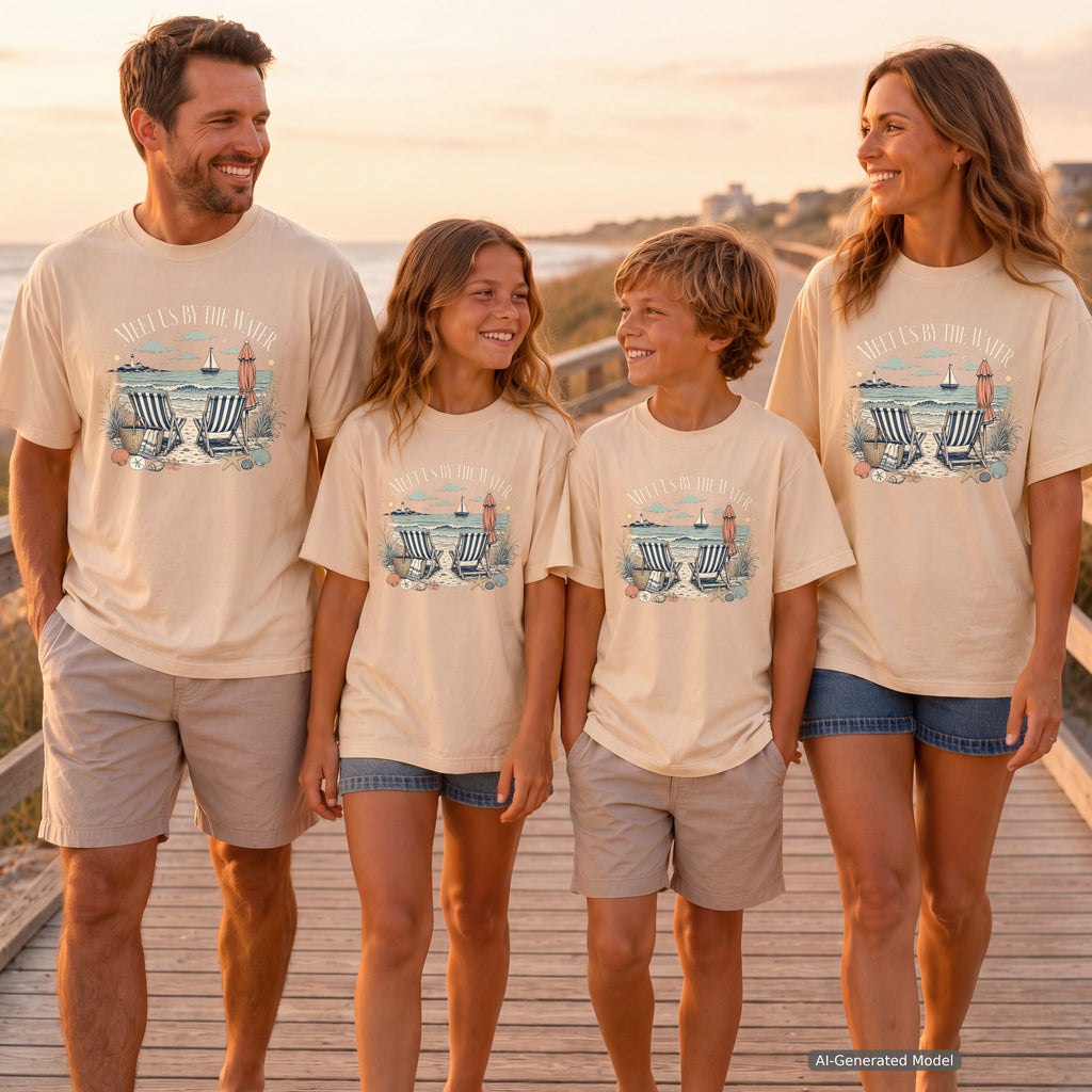 Meet Us By The Water Coastal Vacation Shirt in Ivory – worn on a family trip (AI-generated model photo)