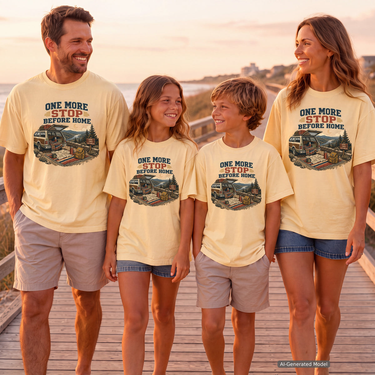 One More Stop Before Home Road Trip Shirt in Butter – worn on a family trip (AI-generated model photo)