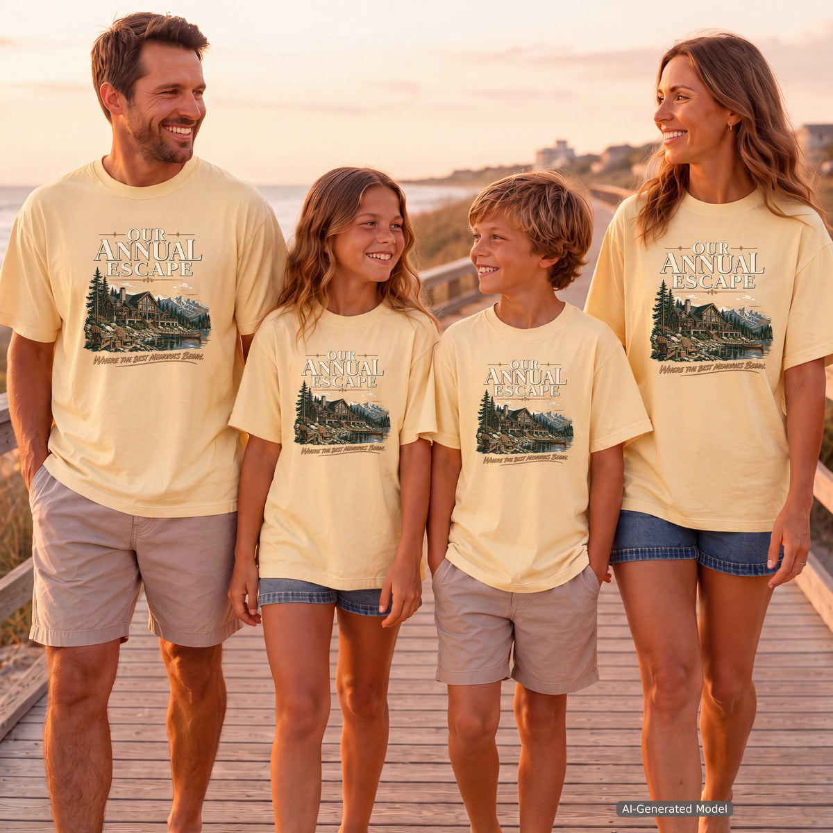Our Annual Escape Lakeside Lodge Shirt in Butter – worn on a family trip (AI-generated model photo)