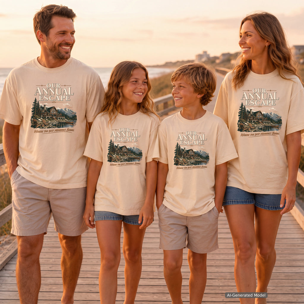 Our Annual Escape Lakeside Lodge Shirt in Ivory – worn on a family trip (AI-generated model photo)