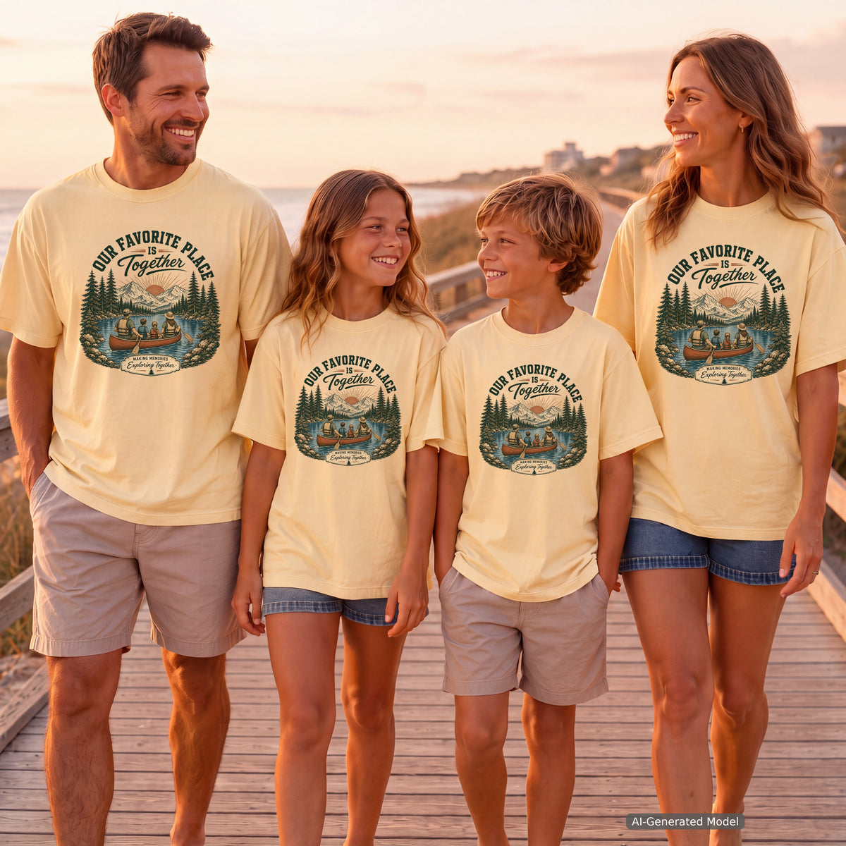 Our Favorite Place Is Together Family Adventure Shirt in Butter – worn on a family trip (AI-generated model photo)