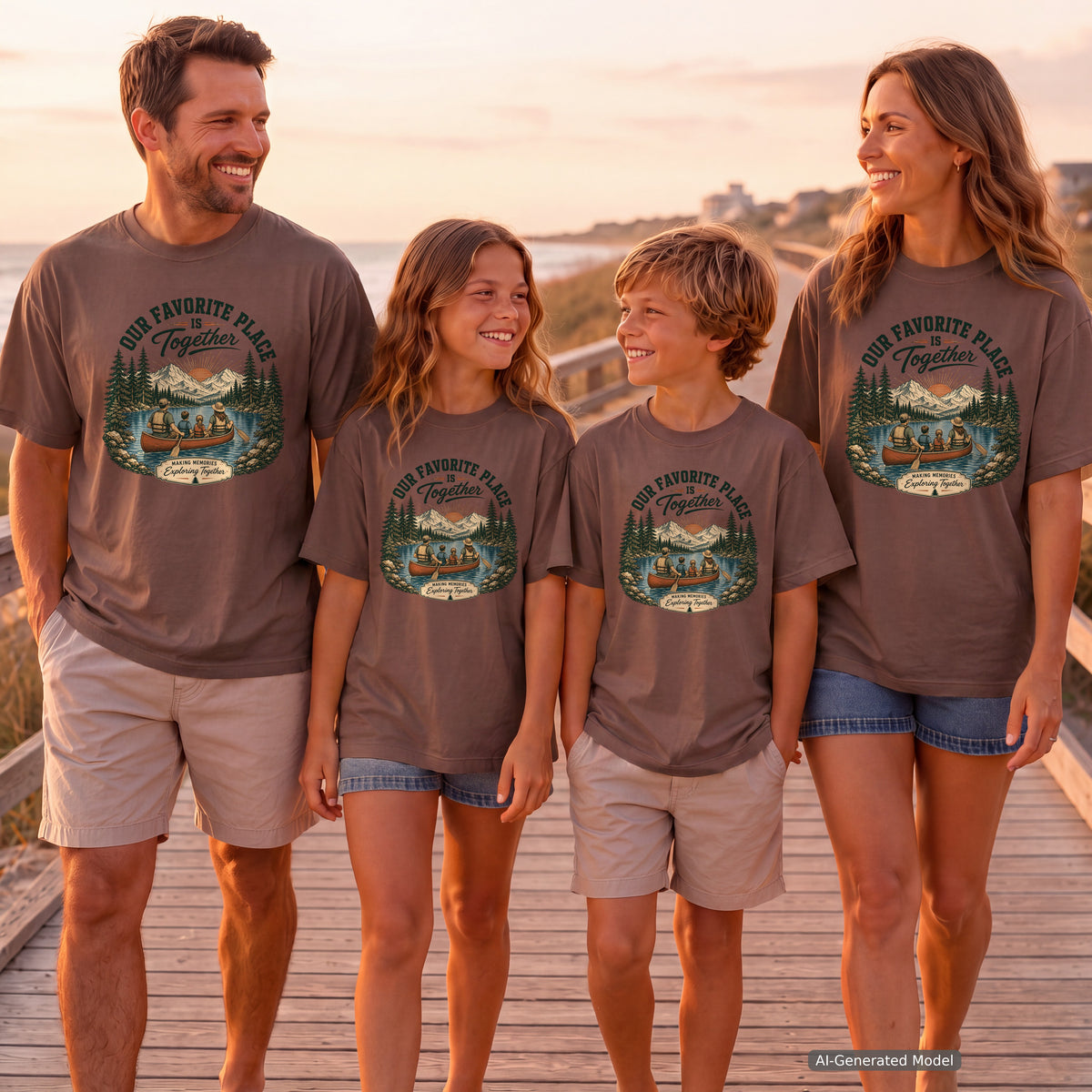 Our Favorite Place Is Together Family Adventure Shirt in Espresso – worn on a family trip (AI-generated model photo)