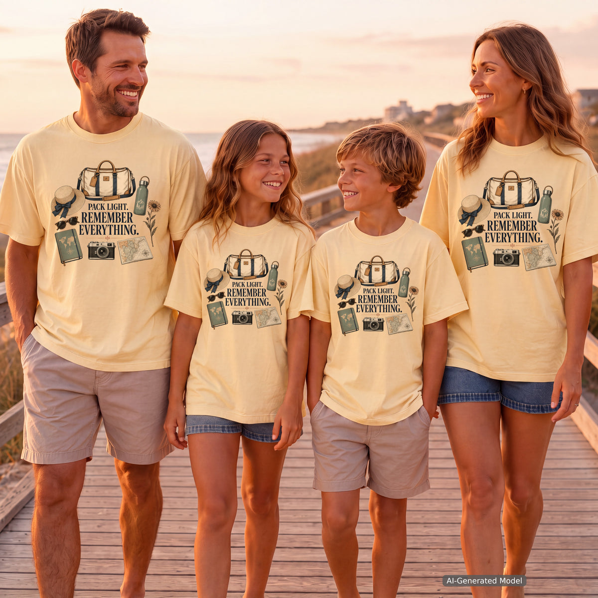 Pack Light Remember Everything Travel Planning Shirt in Butter – worn on a family trip (AI-generated model photo)