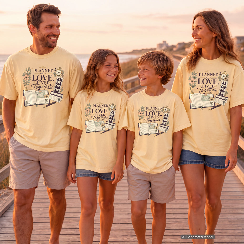 Planned With Love Lived Together Travel Mom Shirt in Butter – worn on a family trip (AI-generated model photo)