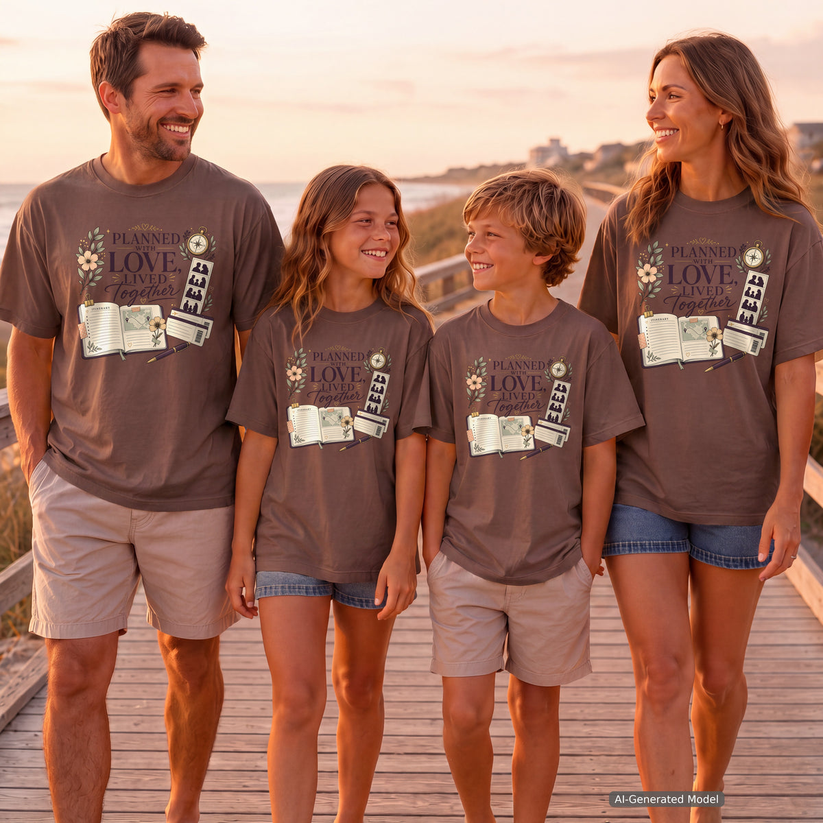 Planned With Love Lived Together Travel Mom Shirt in Espresso – worn on a family trip (AI-generated model photo)