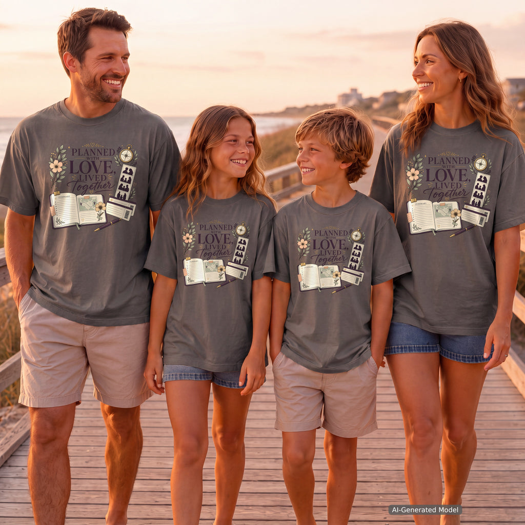 Planned With Love Lived Together Travel Mom Shirt in Pepper – worn on a family trip (AI-generated model photo)