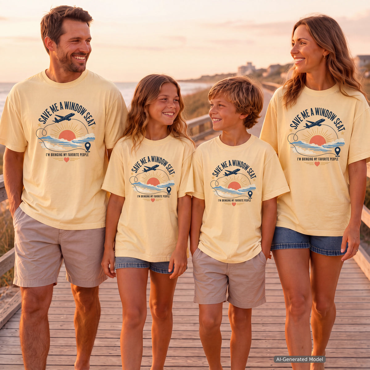 Save Me a Window Seat Family Travel Shirt in Butter – worn on a family trip (AI-generated model photo)