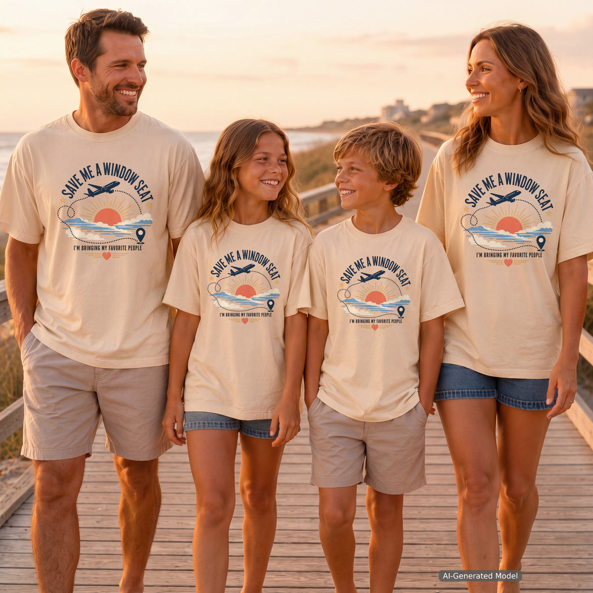 Save Me a Window Seat Family Travel Shirt in Ivory – worn on a family trip (AI-generated model photo)