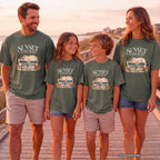 Sunset Check In Seaside Vacation Shirt in Moss – worn on a family trip (AI-generated model photo)