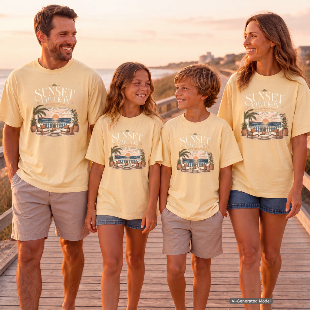 Sunset Check In Seaside Vacation Shirt in Butter – worn on a family trip (AI-generated model photo)
