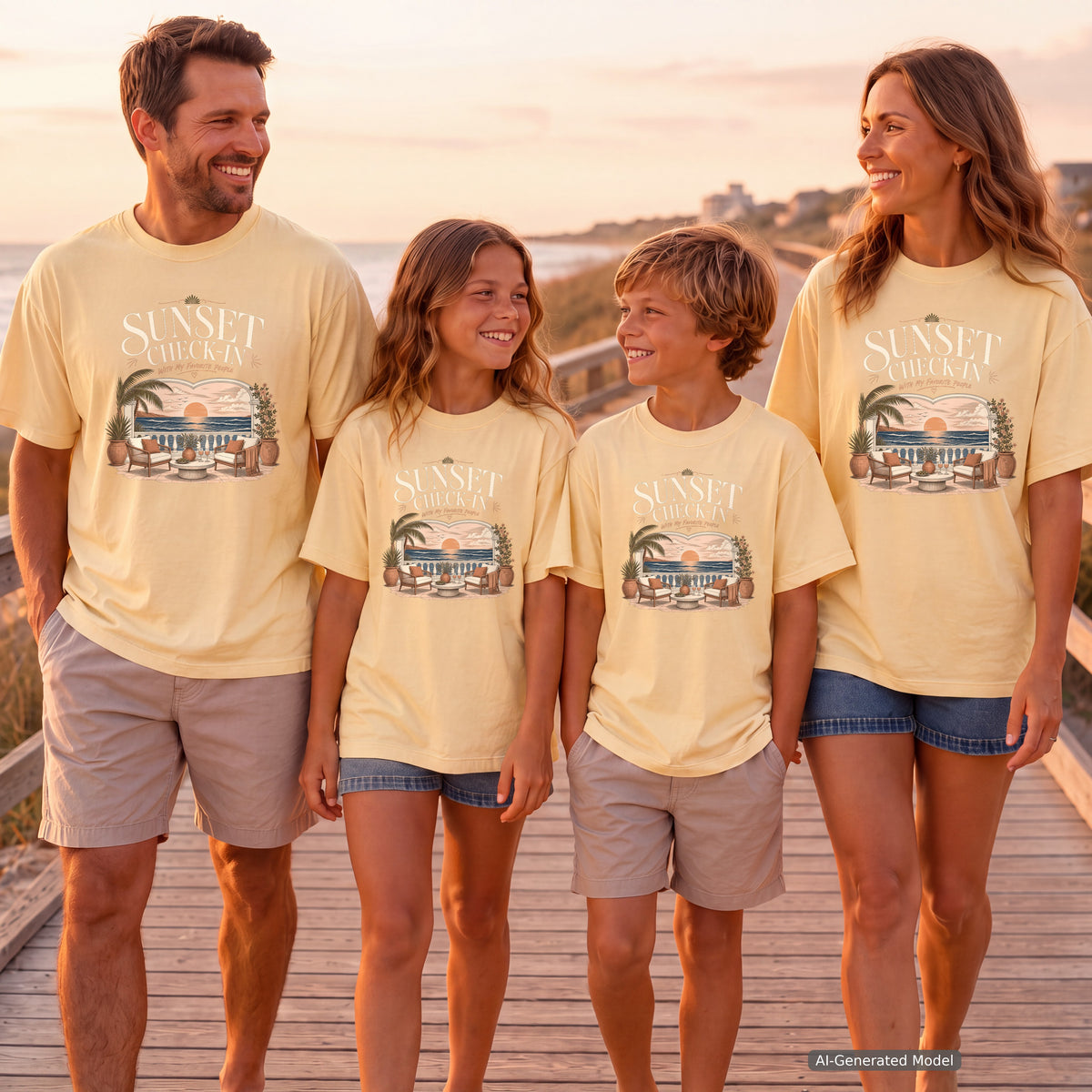 Sunset Check In Seaside Vacation Shirt in Butter – worn on a family trip (AI-generated model photo)
