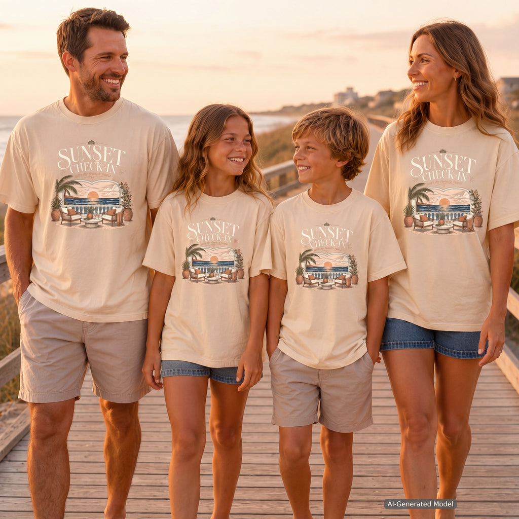 Sunset Check In Seaside Vacation Shirt in Ivory – worn on a family trip (AI-generated model photo)