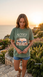 Sunset Check In Seaside Vacation Shirt – close-up product photo