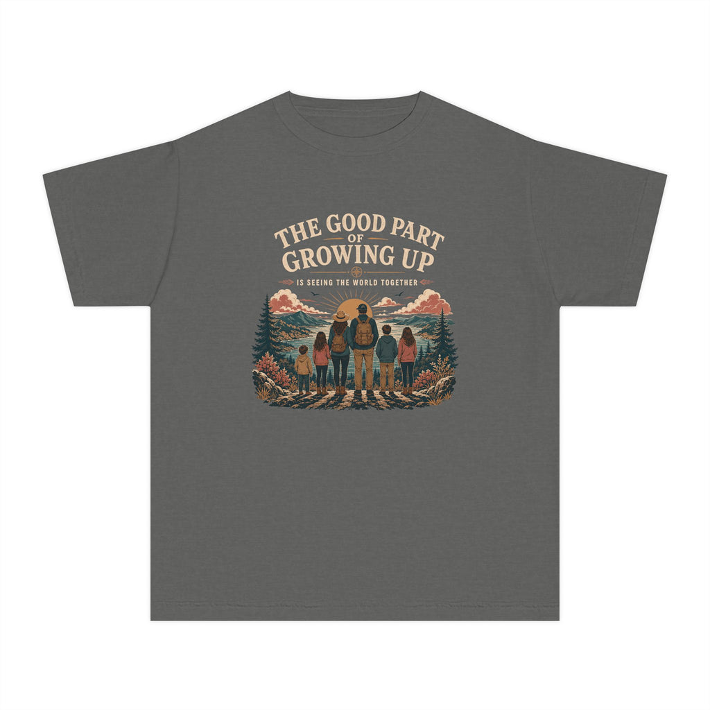 The Good Part of Growing Up Youth Tee – Kids' Comfort Colors Family Travel Shirt in Pepper – flat lay