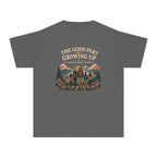 The Good Part of Growing Up Youth Tee – Kids' Comfort Colors Family Travel Shirt in Pepper – flat lay